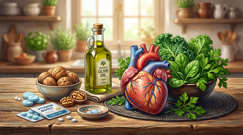 Anatomical heart beside leafy greens, walnuts, olive oil labeled ORGANIC OLIVE OIL 250ml, and VITAMIN BOOST Digital Art supplements