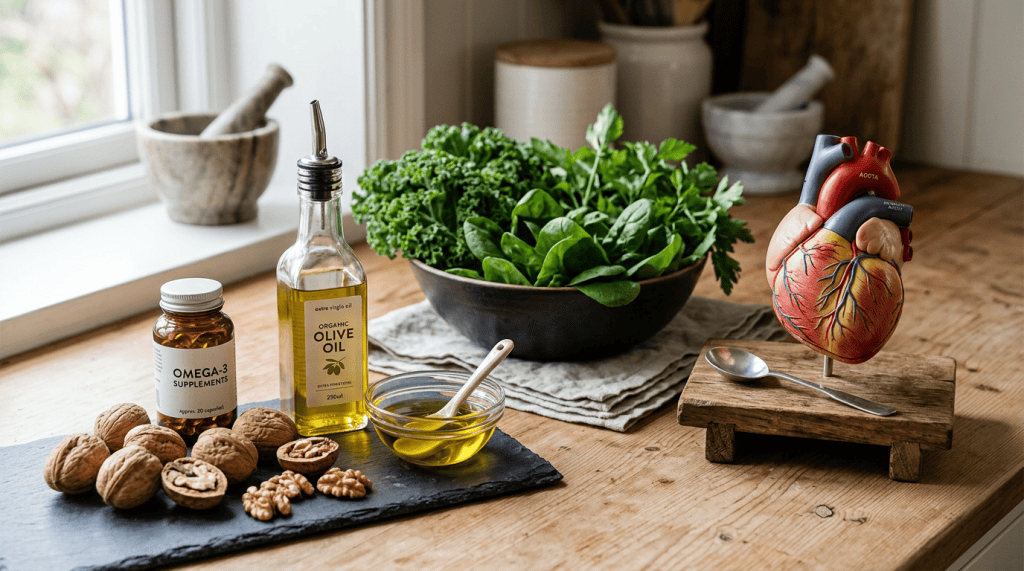 Leafy greens, walnuts, olive oil, omega-3 supplements, and anatomical heart model