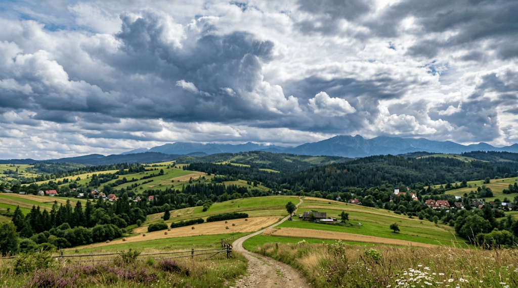 Country path through green fields toward a village and distant mountains