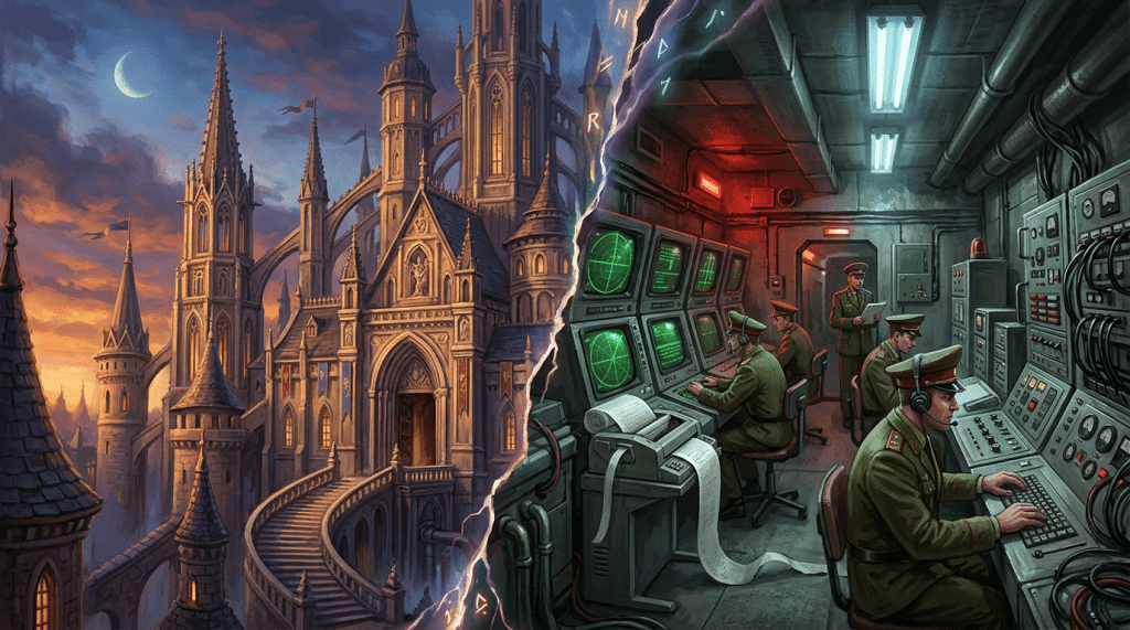 Moonlit Gothic castle beside a military radar control room