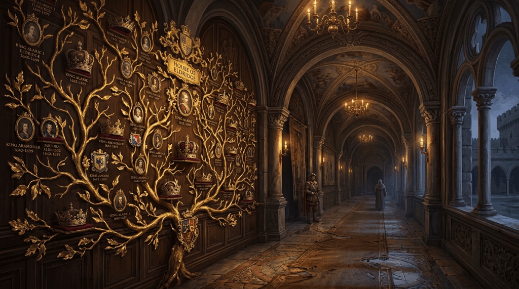 Gilded royal family tree labeled House of Eldridge in castle corridor