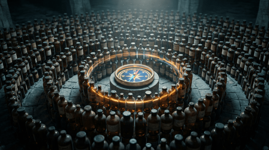 Compass surrounded by concentric circles of amber bottles