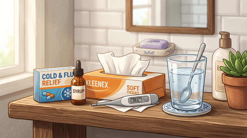 Cold and flu supplies with tissues, syrup, water, and thermometer