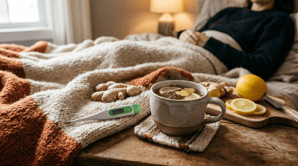 Thermometer, herbal tea, ginger, and lemon beside a resting person