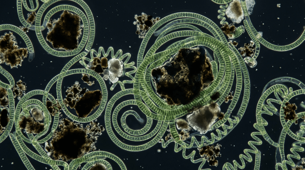 Coiled green cyanobacterial filaments surrounding dark organic particles under a microscope