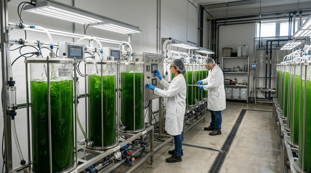 Two technicians monitoring illuminated green algae cultivation tanks