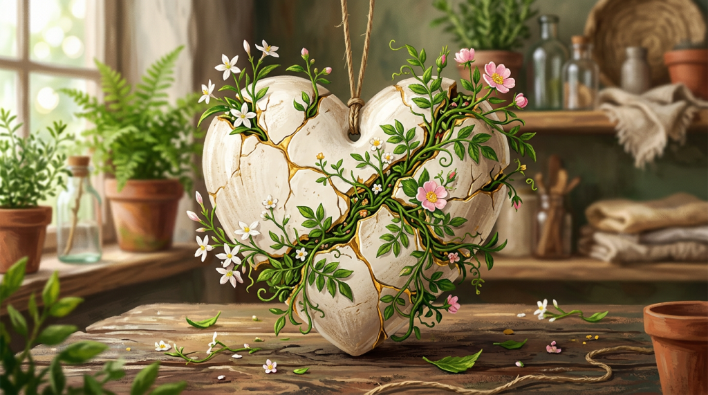 Cracked ceramic planter decorated with flowering vines on a wooden table