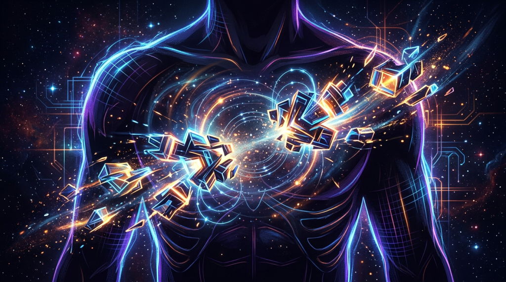 Hooded figure surrounded by glowing geometric fragments and a cosmic vortex