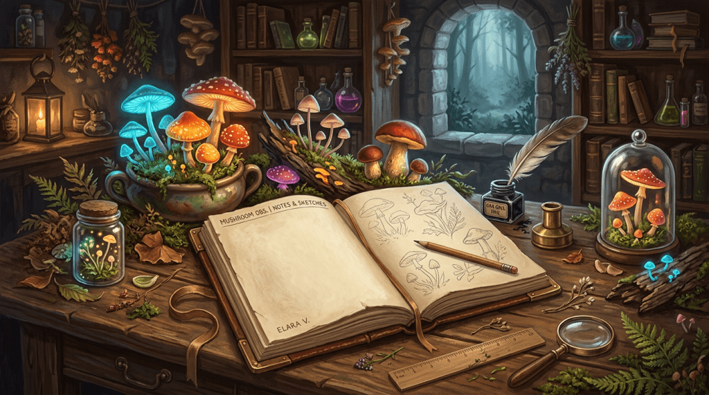 Open notebook labeled “MUSHROOM OBS. / NOTES & SKETCHES” surrounded by mushrooms