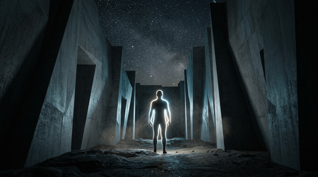 Glowing human silhouette standing between towering stone monoliths under a starry sky