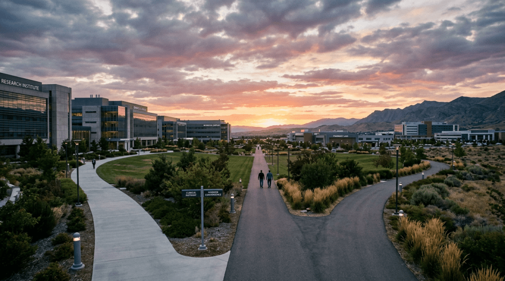 Research institute campus with pathways, labeled signs, people, mountains, and sunset