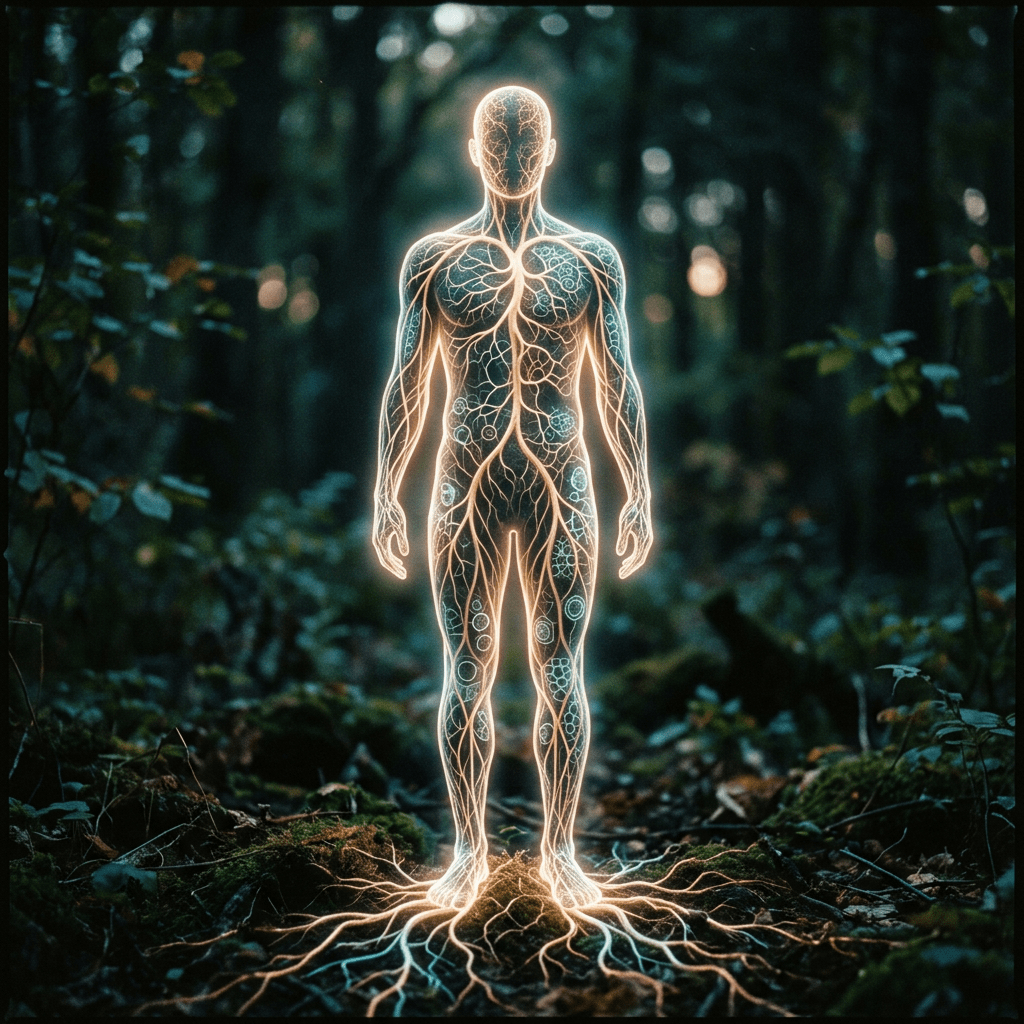 Glowing human figure with branching organs and roots standing in a forest