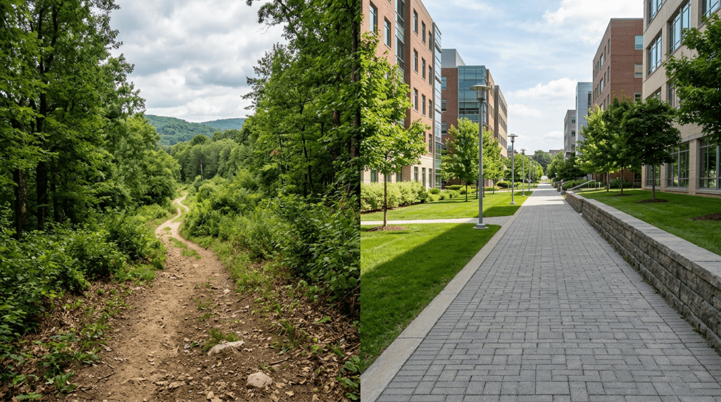 Split view of a forest trail and landscaped campus walkway