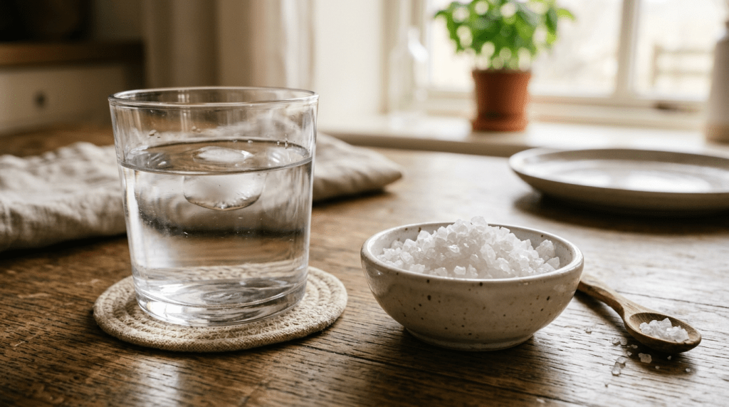 Glass of water, bowl of salt, and wooden spoon on table