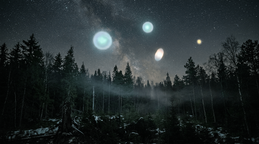 Misty forest beneath stars and several glowing celestial orbs