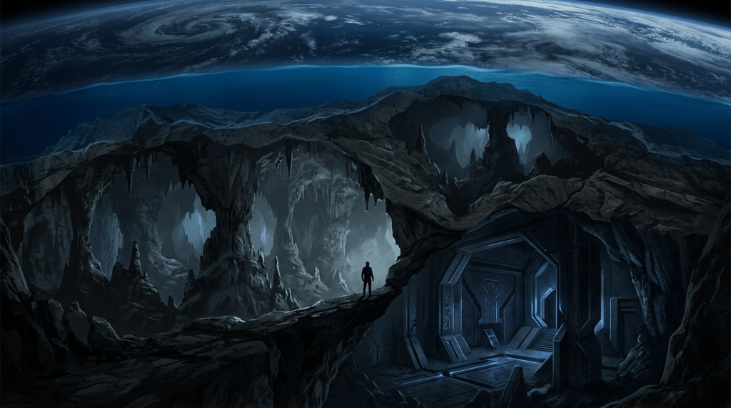 Lone figure facing a futuristic doorway inside an alien cavern
