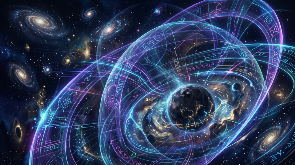 Earth surrounded by glowing geometric orbital rings in a star-filled galaxy