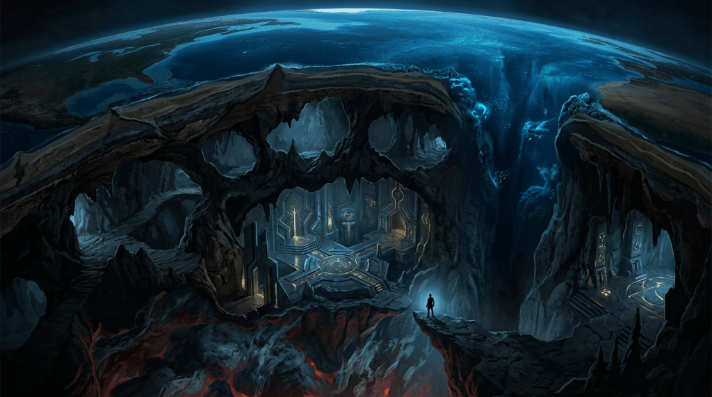 Lone figure overlooking a glowing ancient complex inside a vast cavern