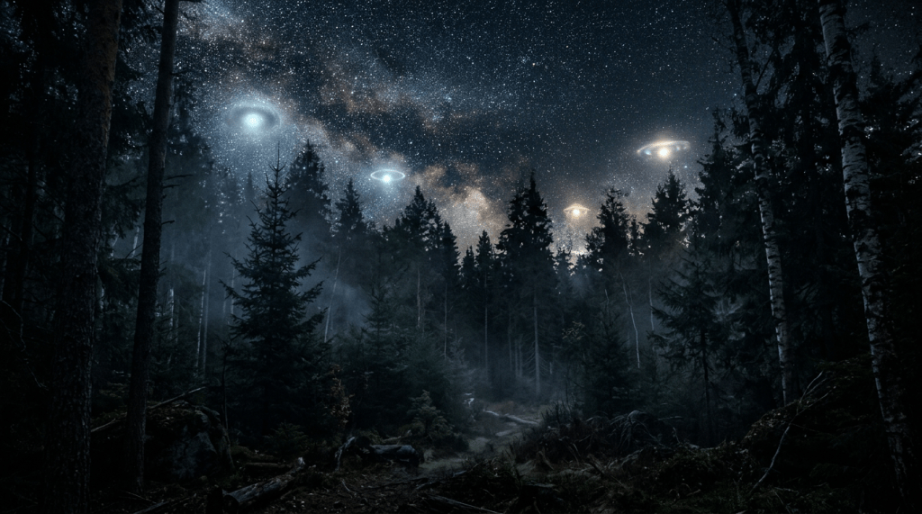 Glowing saucer-shaped objects hovering above a dark forest at night