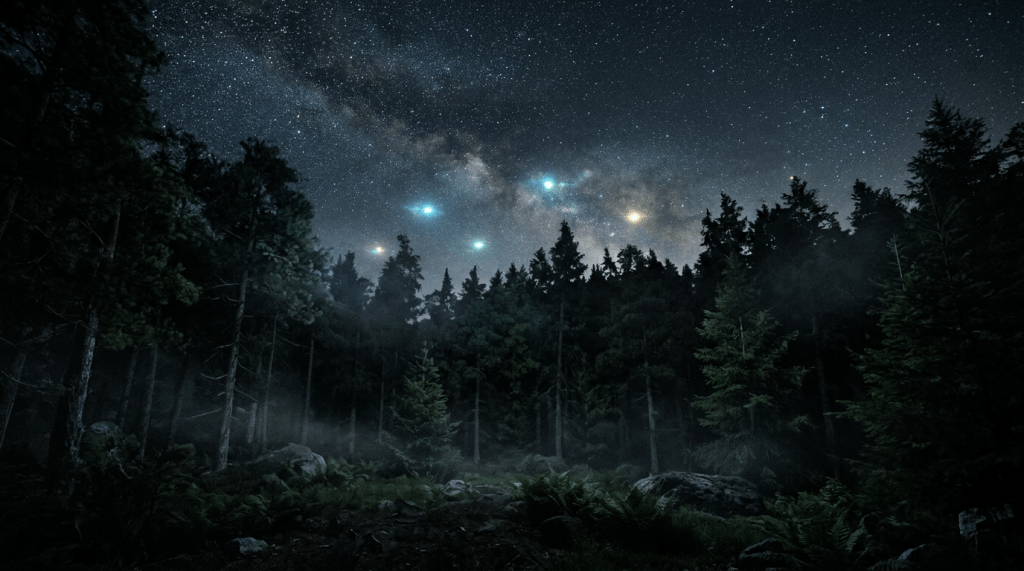 Misty evergreen forest beneath the Milky Way with colorful glowing lights