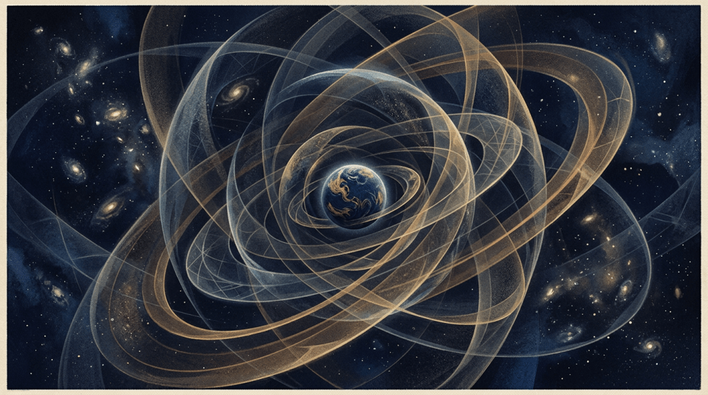 Globe surrounded by luminous orbital ribbons in a star-filled galaxy