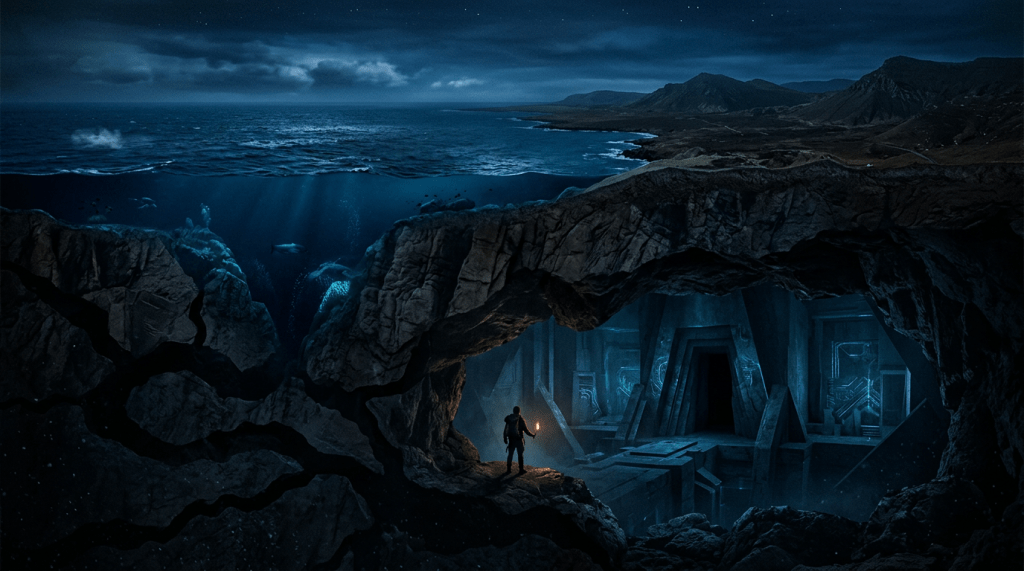 Lone explorer holding a torch before an underwater temple beneath a rugged coast