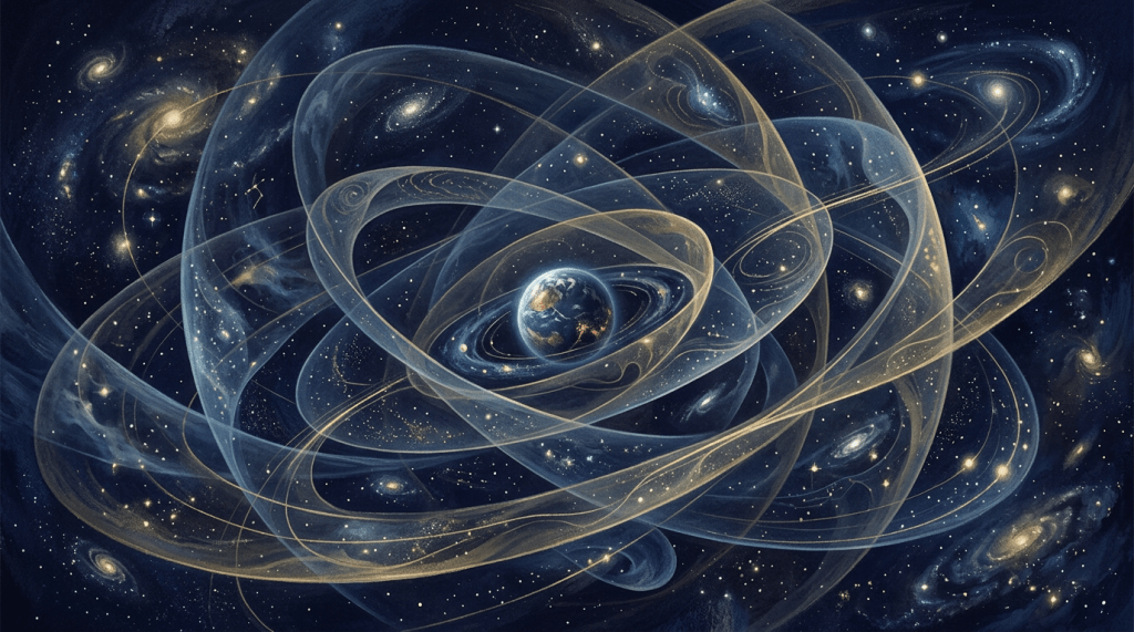 Earth surrounded by glowing orbital rings and distant galaxies