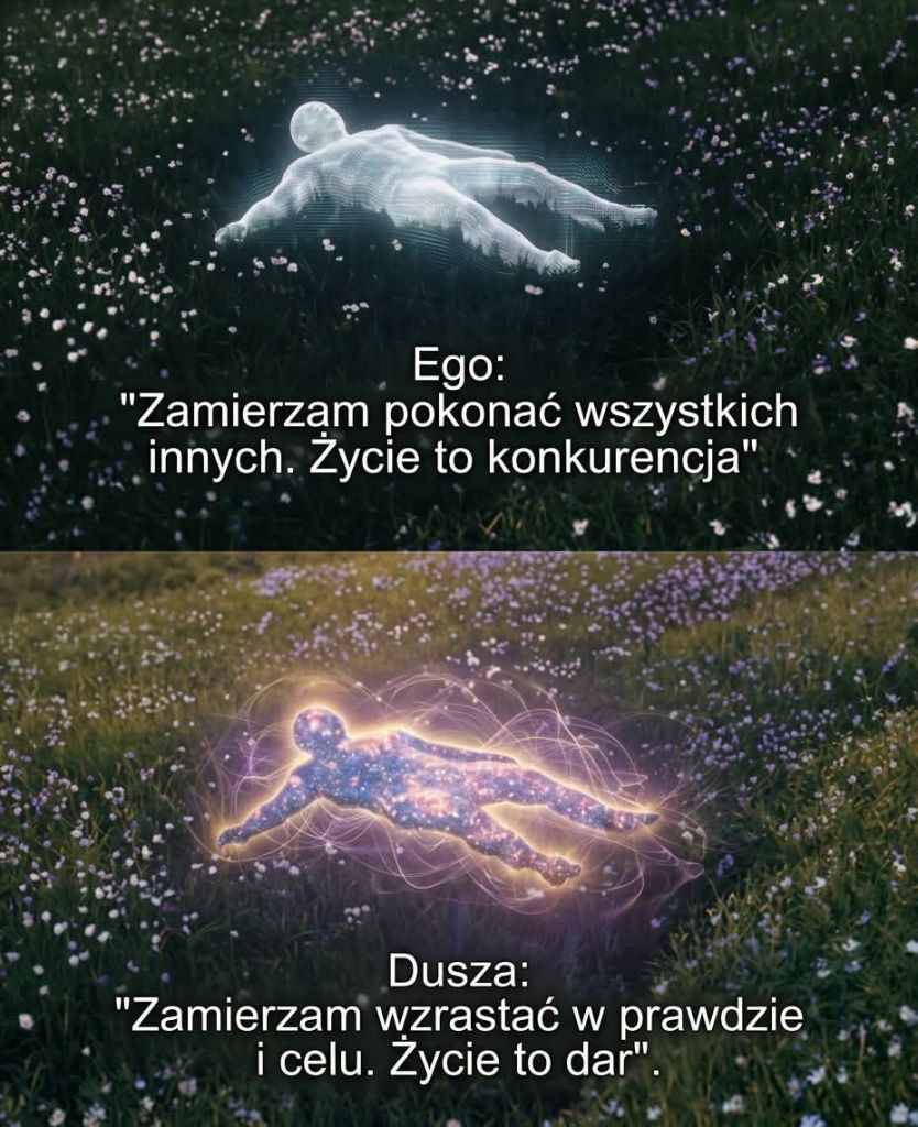 Dwie postacie leżące na łące, jedna z holograficznymi efektami i napisem o ego, druga otoczona świetlistym blaskiem z napisem o duszy. Obie reprezentują różne podejścia do życia.