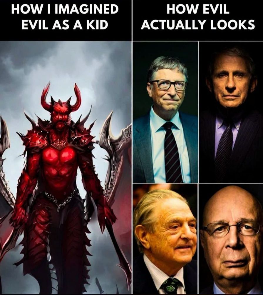 Ilustracja przedstawiająca kontrast między wyobrażeniem zła w dzieciństwie jako demona a rzeczywistymi wizerunkami znanych postaci biznesowych w eleganckich garniturach.