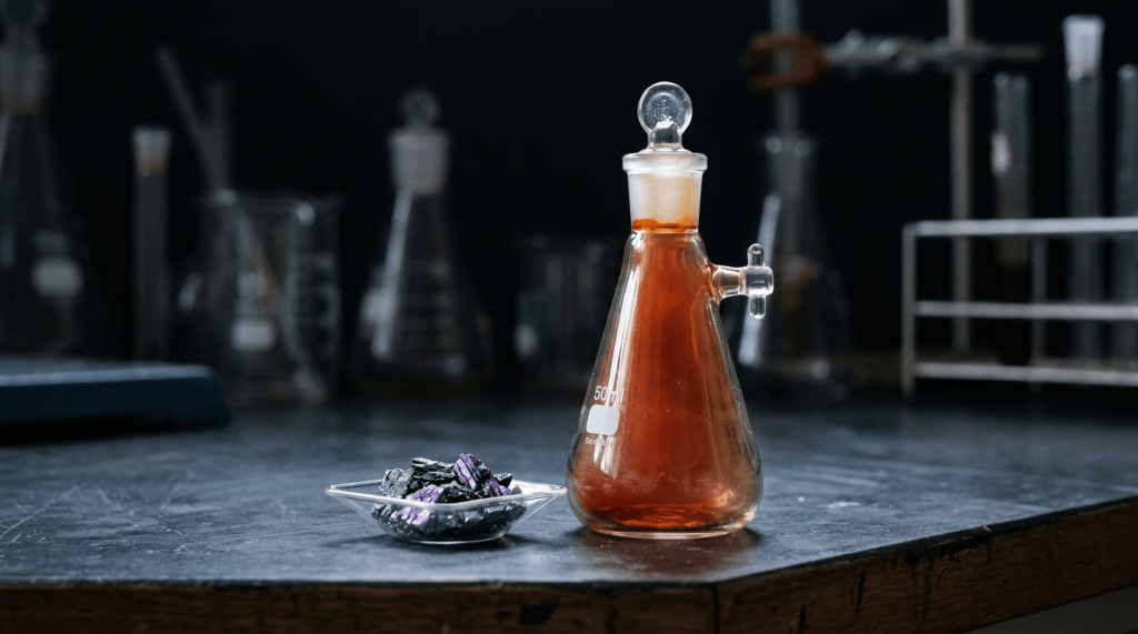 Amber liquid in a laboratory flask beside a dish of dark crystals
