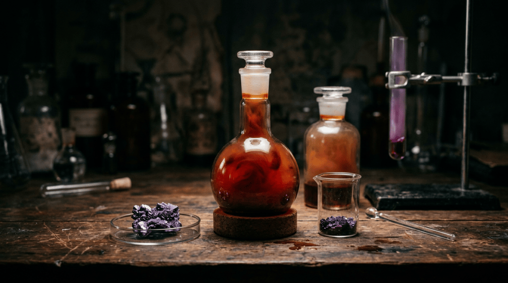 Vintage laboratory setup with amber liquids, purple crystals, and glassware