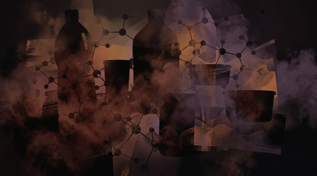 Abstract collage of lab glassware, molecular diagrams, and colored smoke