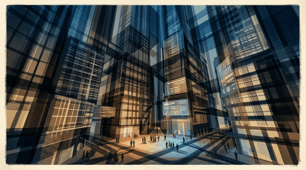 Futuristic glass skyscrapers surrounding people in a geometric plaza