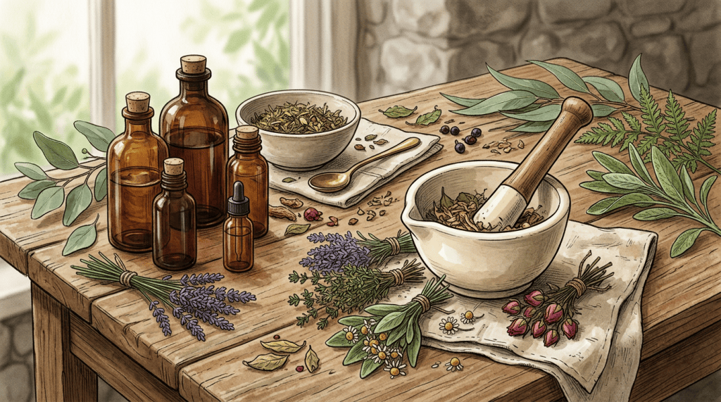 Amber bottles, dried herbs, mortar and pestle on a wooden table