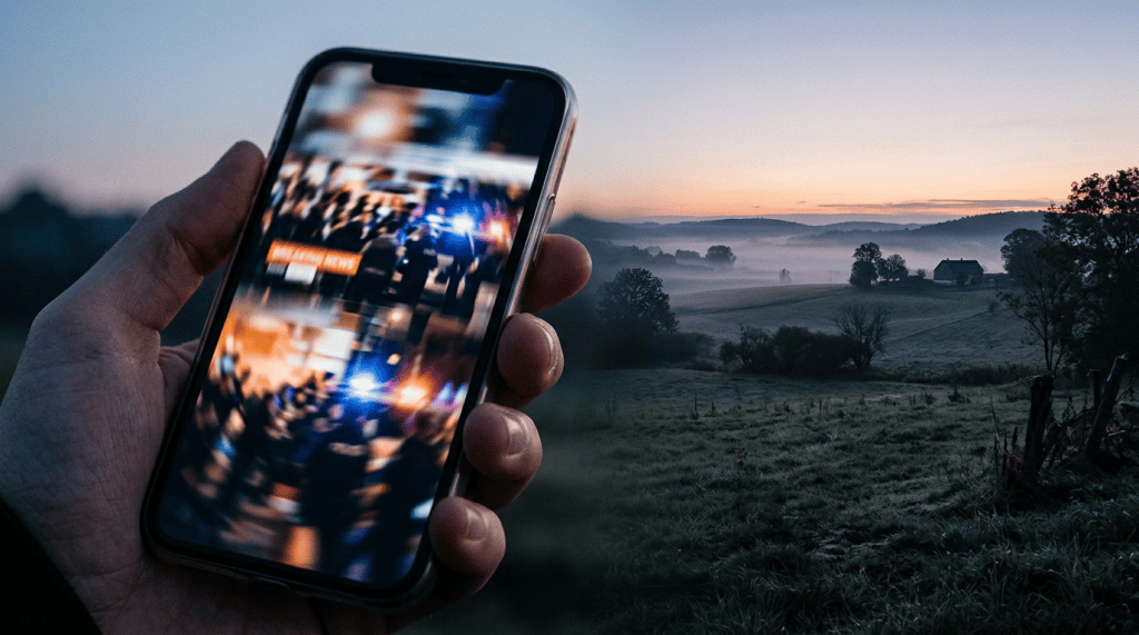 Phone and rural dawn symbolizing media trust