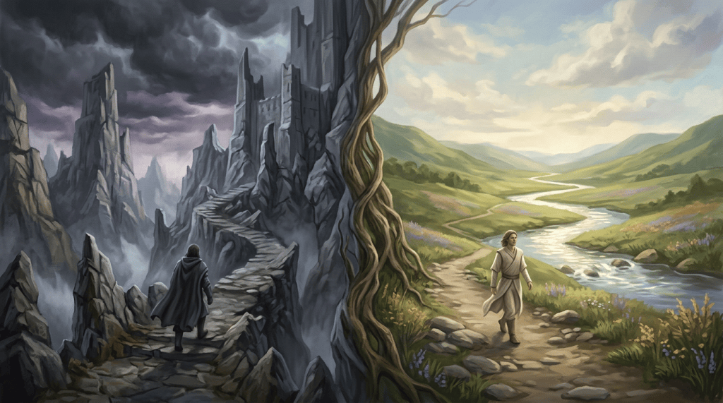 Two travelers on opposing paths divided by a twisted tree