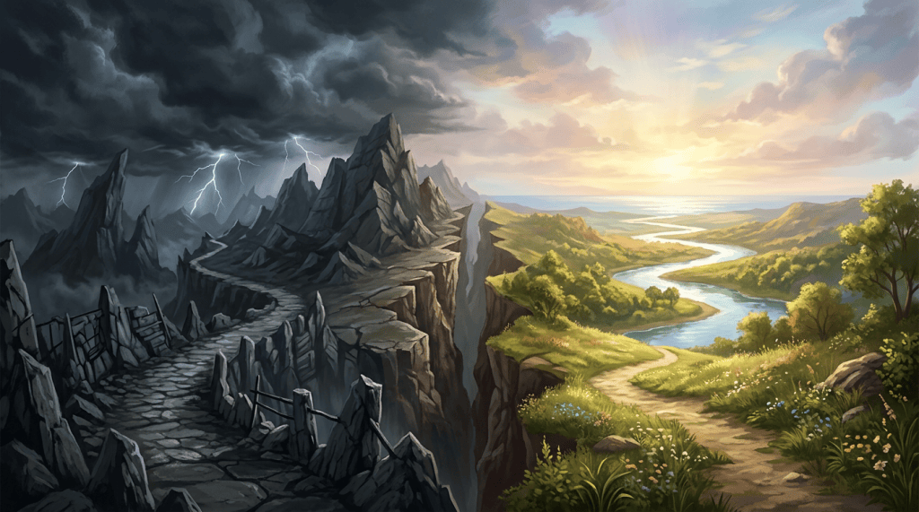 Split landscape with stormy mountains on left and sunny river valley on right