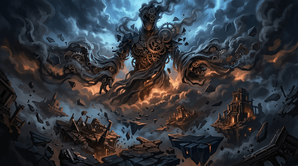 Clockwork wraith hovering above ruined floating islands beneath storm clouds