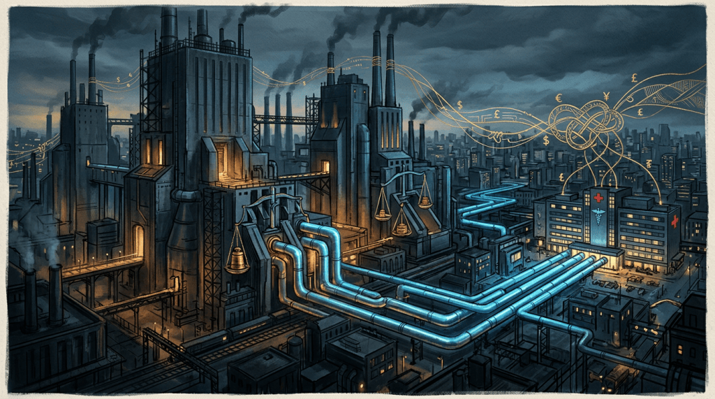Industrial city with factories, blue pipelines, currency symbols, and hospital