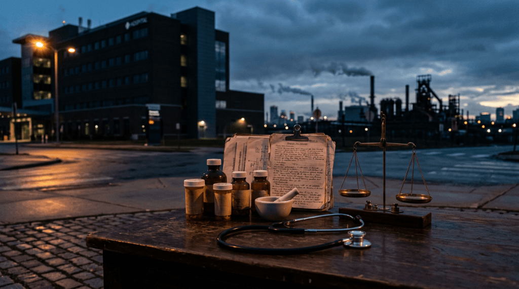 Medical bottles, stethoscope, handwritten document, and scales before industrial smokestacks