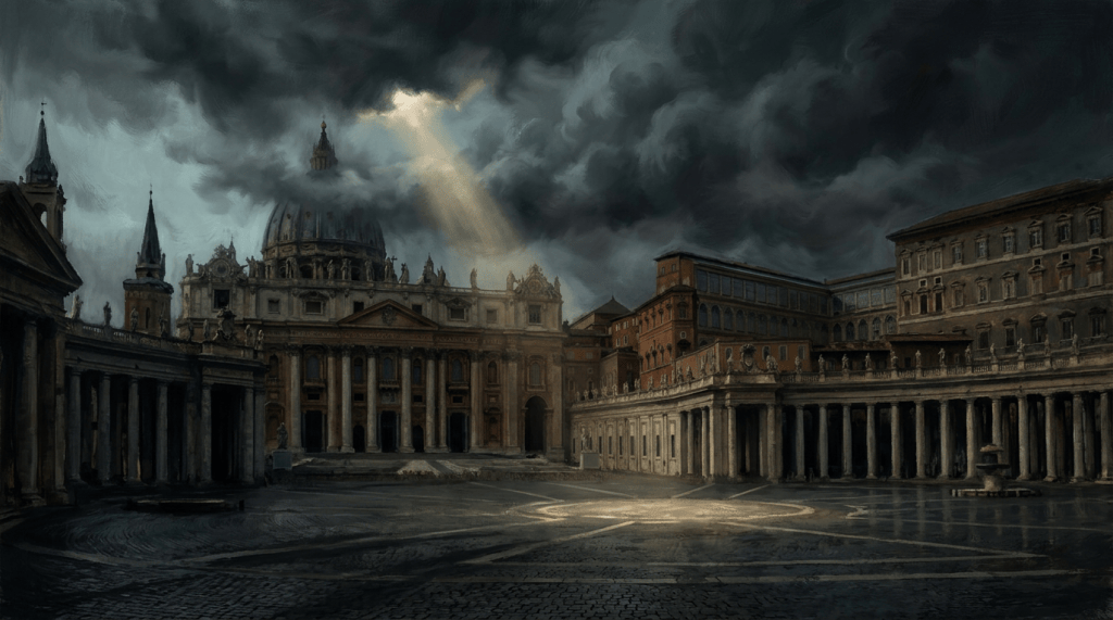 St. Peter’s Square and basilica beneath dark storm clouds