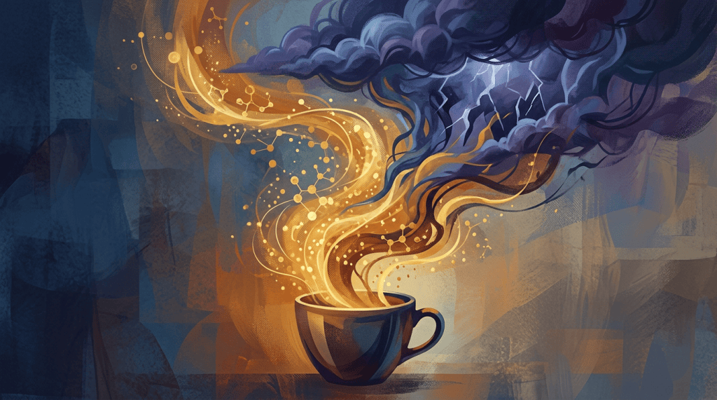 Steaming coffee cup beneath a swirling storm cloud with golden trails