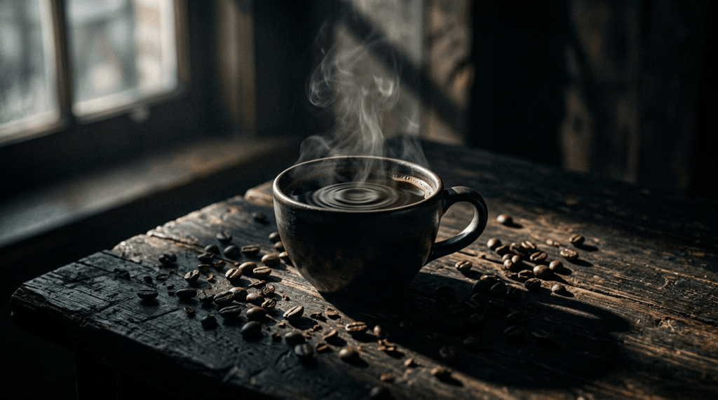 Steaming black coffee cup surrounded by coffee beans on a wooden table
