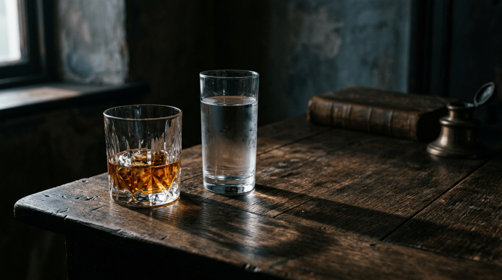Glass of whiskey and water beside an old book on a wooden table