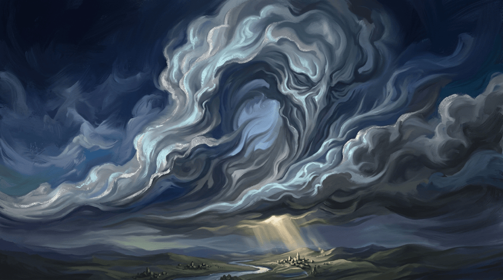 Swirling storm clouds part above a sunlit valley and distant settlement