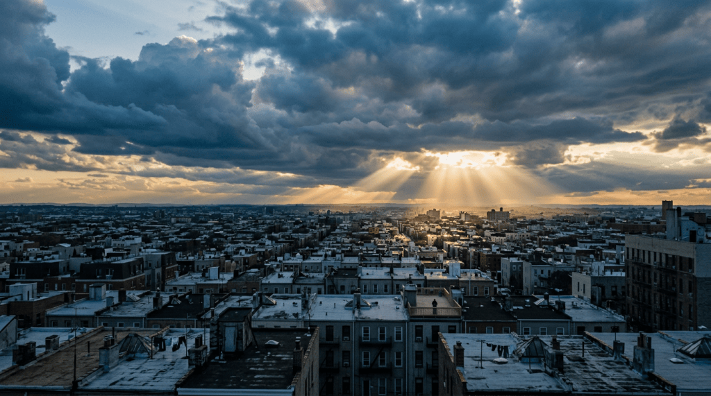 Sprawling city rooftops beneath dark clouds with golden sunbeams