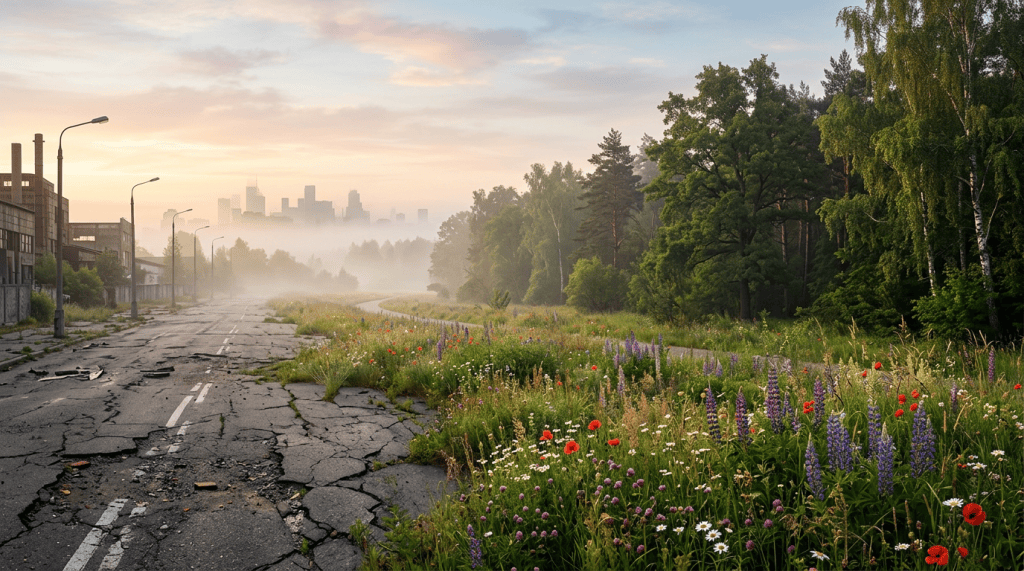 Cracked abandoned road beside wildflowers, forest, and hazy city skyline