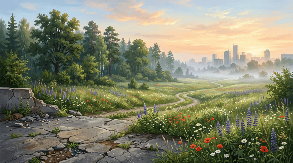 Wildflower meadow and winding trail leading toward a misty city skyline