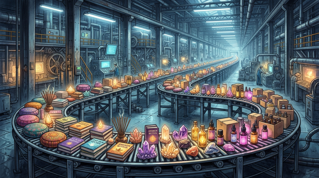 Industrial factory conveyor carrying crystals, candles, books, and bottles; one book reads “AWAKEN WITHIN”