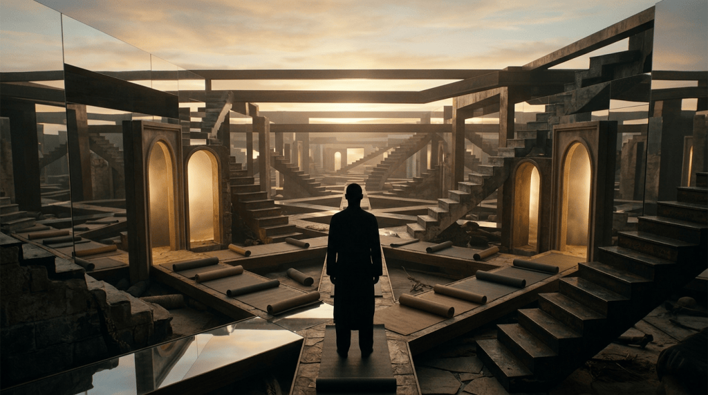 Solitary figure standing in a mirrored maze of stairways and arches